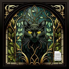 a stained glass window with a black cat on it's face and yellow eyes