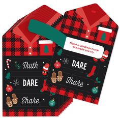 two red and black plaid christmas gift tags with santa's stockings on the front