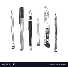 various pens and pencils lined up in a row on a white background with black ink