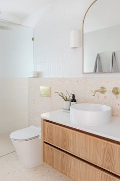 a white toilet sitting next to a bathroom sink under a mirror on top of a wooden cabinet