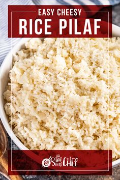 rice pilaf in a white bowl with a wooden spoon and blue striped napkin