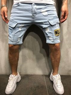 Slim Pants Men, Casual Denim Shorts, Ripped Pants, Mens Denim Shorts, Men With Street Style, Mens Shorts Summer, Pockets Fashion, Bermuda Jeans, Ripped Shorts