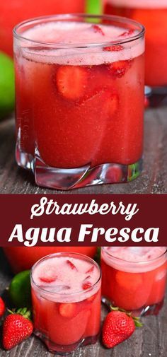 strawberry agua fresca in two glasses with strawberries