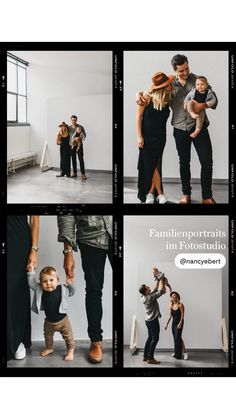 four different pictures of people in black and grey outfits, one is holding a baby