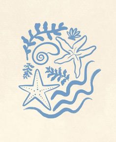 a drawing of a starfish and seaweed on a white paper with blue ink