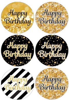 happy birthday stickers with gold glitter and black stripes