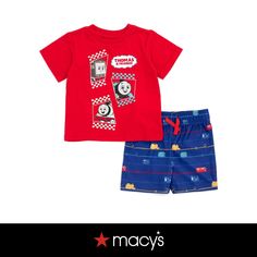 in stock Summer Playtime Crew Neck Sets, Summer Playtime Sets With Crew Neck, Red Graphic Print T-shirt For Playwear, Red Casual Playtime Sets, Red Graphic Print Summer Sets, Summer Red Set With Graphic Print, Red Graphic Print Set For Summer, Red T-shirt For Summer Playwear, Red Summer Playwear T-shirt