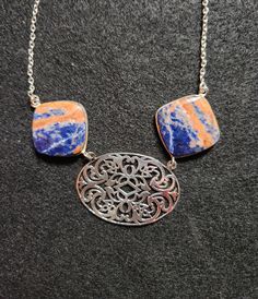 Sterling Filigree Handmade Jewelry  Beautiful Orange Sodalite Connector Linked gemstone jewelry features multiple uniquely distinctive designs  - can be an unique piece of jewelry for, special occasions, wedding, Easter, casual occasion. Sodalite:  Treats the throat, vocal cords. Opens the mind to logic and rationality, inducing clarity and comprehension. Sodalite has soothing, calming vibrations to help you reach a deep meditative state for clear divination and empathic readings. Necklace Detai Vocal Cords, Sodalite Necklace, Necklace Orange, Jewelry Beautiful, 925 Jewelry, Gemstone Necklace, Gemstone Pendant, Logic, Gemstone Jewelry