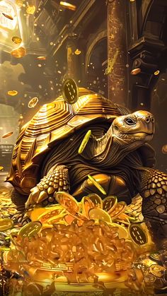 a large turtle sitting on top of a pile of gold coins