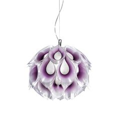 a purple and white flower hanging from a ceiling light with water drops on it's petals