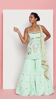 Bollywood Style Pista Green Sharara For Summer, Modern Navratri Outfits, Pista Green Bollywood Sharara With Floral Embroidery, Bollywood-style Sleeveless Embroidered Palazzo Set, Semi-stitched Pista Green Bollywood Palazzo Set, Papa Dont Preach Clothing Jumpsuit, Manish, Indian Bridal Wear, Sharara Set