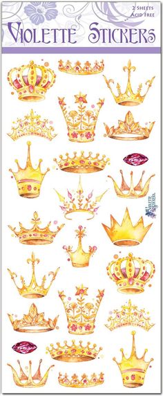 an image of crown stickers on a white background with purple and yellow designs in the middle