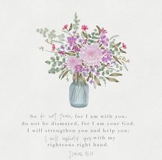 a blue vase filled with pink flowers on top of a white table next to a bible verse