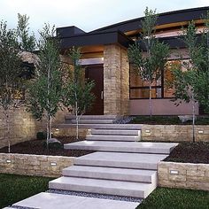 a modern house with stone steps leading to the front door and trees in the yard