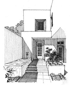 a drawing of a house with steps leading up to the front door and plants in pots