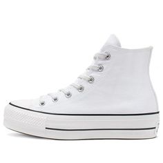 Make a statement with the Converse Chuck Taylor All-Star Hi Platform. Perfect for any occasion, this sneaker will keep you stylish and comfortable in pure white canvas construction. The lace-up closure is secured by matching metallic eyelets and features two inner midfoot eyelets for extra supportive. Along with the rubber toe cap to protect your feet and cushioned insoles, it’s equipped with a sturdy rubber sole provides excellent traction. An iconic look finished off with two black rubber stripes on the outsole, makes this shoe an essential piece to add to your rotation. (SNKR/Casual/Women's/High Top/Pure White) Cute Converse Shoes, All Star Platform, White High Top Converse, White Chucks, Cute Converse, Platform Converse, White High Tops, White Converse, Swag Shoes