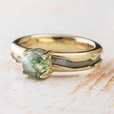 Meteorite Engagement Ring with Moss Agate Unconventional Engagement Rings Gold, Unconventional Wedding Rings, Unconventional Engagement Rings, Raw Stone Engagement Rings, Jewelry By Johan, Moss Agate Engagement Ring, Agate Engagement Ring, Moss Agate Ring, Engagement Ring White Gold