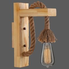 L-Shaped Wooden Lantern Wall Light With Rope Arm - Perfect Farmhouse Bedroom Lighting Wood / Wood Lamp Shade, Rope Lamp, Wood Lantern, Vintage Wall Lights, Wooden Lanterns, Industrial Wood, Bedside Lighting, Wood Shades, Wooden Beams