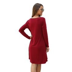 Wine Red Cotton Blend Pocketed Casual Dress Red Long Sleeve Dress For Fall, Red Solid Knee-length Mini Dress, Red Long Sleeve Solid Dress, Red Solid Color Midi Dress For Fall, Casual Red Long Sleeve Dress, Fall Red Solid Midi Dress, Fall Red Solid Color Midi Dress, Red V-neck Mini Dress, Women Dresses Casual