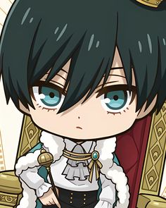 an anime character sitting on a throne with blue eyes and black hair, wearing a white dress