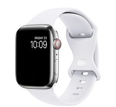 an apple watch with white band and black face