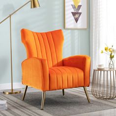 Altrobene Velvet Modern Couch Contemporary Channel Tufted Loveseat Comfy Barrel Curved Sofa with Gold Legs for Living Room, Bedroom, Office, Orange Orange Lounge, Orange Accent Chair, Accent Chair With Ottoman, Comfy Reading Chair, Velvet Wingback Chair, Ottoman Upholstered, Armchair With Ottoman, Chair With Ottoman