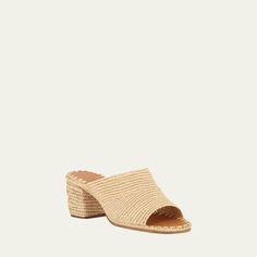 Carrie Forbes two-tone woven raffia sandals. Covered block heel. Open toe. Slide style. Leather lining. "Rama" is made in Morocco. Raffia Sandals, Woven Raffia, Bergdorf Goodman, Slide Sandals, Morocco, Open Toe, Block Heels, Carry On, Heel Height