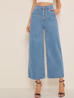 Light Wash Wide Leg Jeans, High Waisted Baggy Jeans, Wide Leg Denim Jeans, Ripped Knee Jeans, Best Jeans For Women, Shein Jeans, Casual Denim Pants, Cropped Wide Leg Jeans, Flare Leg Jeans