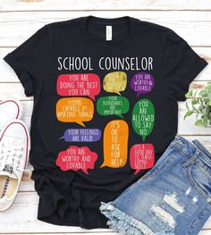 a t - shirt that says school counselor with speech bubbles on the front and back