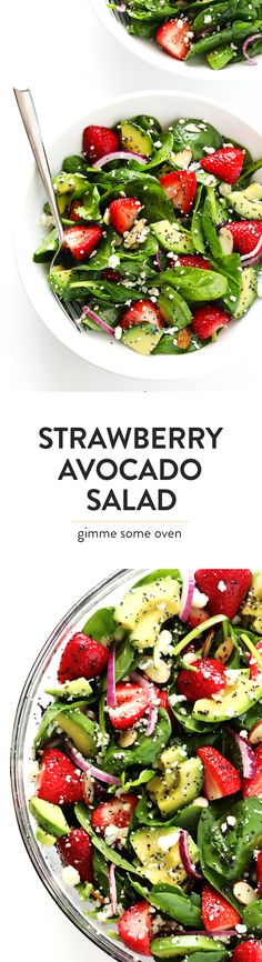 strawberry avocado salad with green beans and strawberries in a bowl on a white background