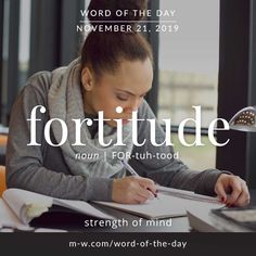 a woman sitting at a desk writing in front of a window with the words forttude on it