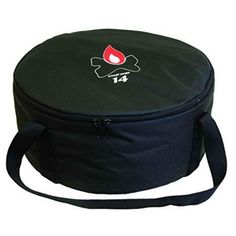 a black drum bag with a red and white skull on the front, sitting upright