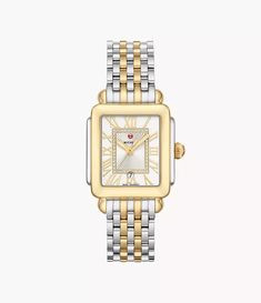 Michele Deco Madison Mid Two-Tone 18k Diamond Women's Watch MWW06G000013 Michele Deco Watch, Michele Watches, 18k Gold Bracelet, Gold Plated Bracelets, Two Tone Watch, Diamond Watch, Stainless Steel Watch, Silver Diamonds, White Silver