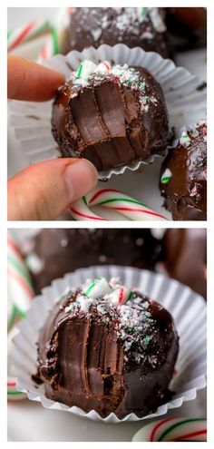 two pictures of chocolates with candy canes on them