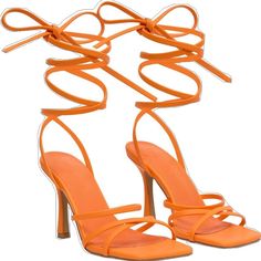 Spring Orange Heels With 4-inch Heel, Orange Ankle Strap Heels For Spring, Orange Strappy Heels With Heel Strap, Orange Lace-up Summer Heels, Orange Lace-up Heels For Summer, Orange Lace-up Heels For Party, Orange Strappy Heels For Spring, Orange Strappy Heels With Wrapped Heel, Orange 4-inch Heel Spring Heels