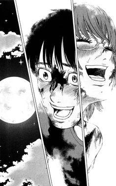 an anime scene with two people looking at each other and the moon in the background