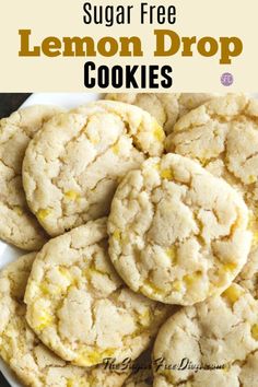 sugar free lemon drop cookies on a plate with the title in the middle above it