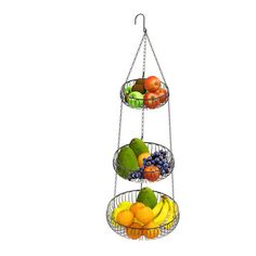 three tiered metal fruit basket hanging from the ceiling