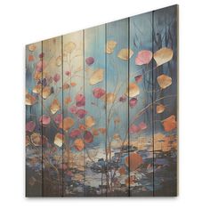 an abstract painting with leaves and water on wood paneled wall, painted in blue tones