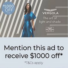 a woman in a blue dress with the words, mention this ad to receive $ 100 off