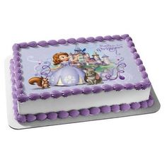 a birthday cake decorated with an image of a princess and her cat on it's side