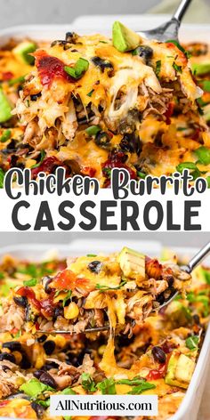 chicken burrito casserole in a white dish with a serving spoon