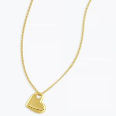 Create a romantic look with this heart necklace. This gorgeous gold-plated necklace features a classic chain design that is perfect for any occasion. To wear, simply drape the chain around the neck, adjust, and secure the clasp. Wear it solo as a statement piece, or layer it with other necklaces for a layered look. Details: 20" chain + 2" extender. Adjustable in 1" increments 20" - 22" Chain measures 1/16" wide Heart measures 11/16" by 5/8" Spring ring closure Available in 18k gold plated brass Romantic Look, Gifts Sign, Chain Design, Gold Plated Necklace, Layered Look, Heart Pendant Necklace, A Romantic, Spring Rings, Heart Necklace