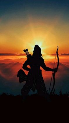 the silhouette of a person holding a bow and arrow in front of an orange sky