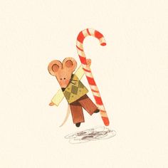 a drawing of a mouse holding a candy cane