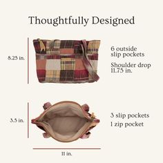 CONFIDENTLY COUNTRY: Crimson, khaki and espresso brown plaid patchwork pair well with your daily look for a traditional country patchwork vibe.SIZED JUST RIGHT: At 11" wide, 8.25" high, and 3.5" deep, the Taylor is a lightweight, medium-small shoulder bag. The straps measure 26.5" long with an 11.75" shoulder drop.TEN DIFFERENT POCKETS: Inside the Taylor’s zippered main compartment you’ll find 3 slip pockets and 1 zip pocket to keep your items organized and secure. 6 outside slip pockets give yo Plaid Rectangular Bag For Fall, Casual Plaid Bags For Fall, Fall Plaid Rectangular Bag, Fall Season Plaid Rectangular Bag, Brown Quilted Tote Bag, Everyday Quilted Brown Shoulder Bag, Brown Quilted Rectangular Bag, Everyday Brown Quilted Shoulder Bag, Casual Brown Quilted Bag