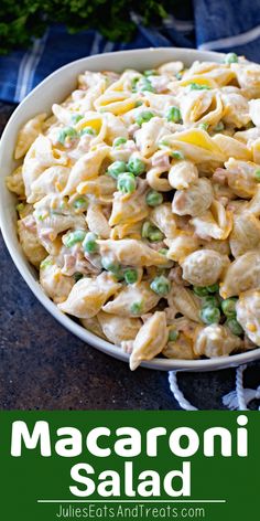 this macaroni salad is loaded with peas and cheese