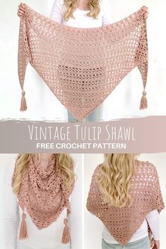 the vintage tulip shawl crochet pattern is shown in three different views