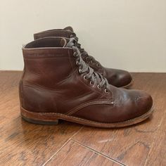 By Far The Most Comfortable Boots I've Ever Owned. Meticulously Maintained, And Stored In A Smoke-Free Home. Uppers Constructed From Premium Horween Leather. Soles Are Constructed With Goodyear(Tm) Welt Construction With Vibram(R) Heel. Classic Work Boots With Reinforced Heel And Almond Toe, Casual Moto Boots With Goodyear Welt Construction, Rubber Sole Work Boots For Walking, Walking Work Boots With Rubber Sole, Classic Lace-up Boots Medium Width, Snip Toe Boots With Leather Sole For Walking, Casual Oiled Leather Work Boots With Reinforced Heel, Medium Fit Leather Sole Closed Toe Boots, Plain Toe Work Boots With Reinforced Heel For Walking