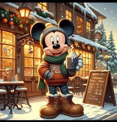 a mickey mouse is standing in front of a restaurant and holding a cup with a drink